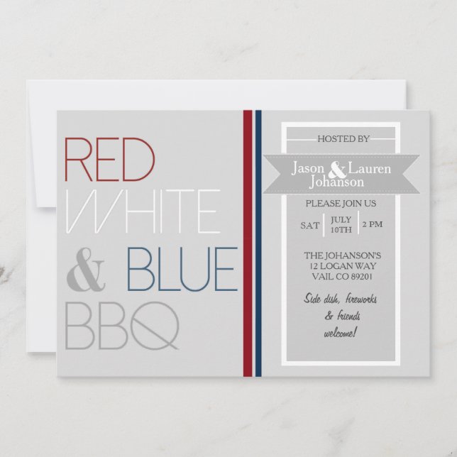Modern Red White och Blue BBQ | 4 juli Party Inbjudningar (Framsida)