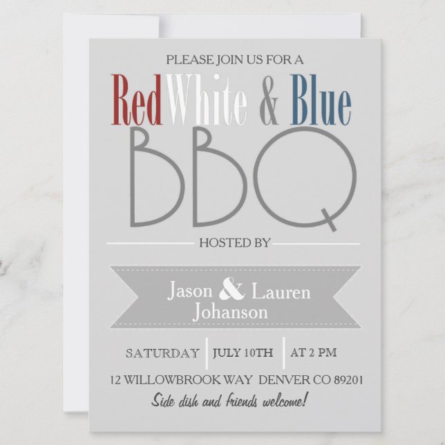 Modern Red White och Blue BBQ | 4 juli Party Inbjudningar (Framsida)