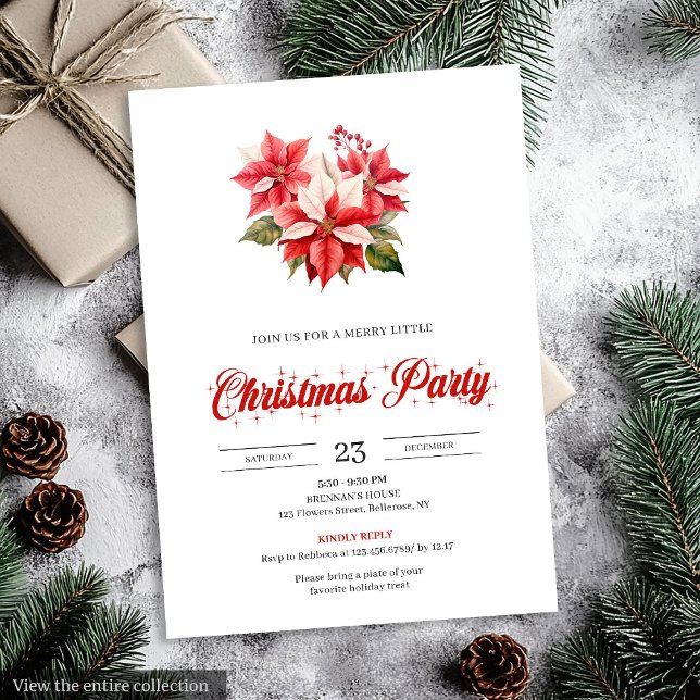 Modern Red White Poinsettia Bouquet Christmas  Inbjudningar (Modern Red White Poinsettia Bouquet Christmas Invitation)