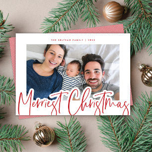 Modern Red & White Script Merriest julfoto Julkort