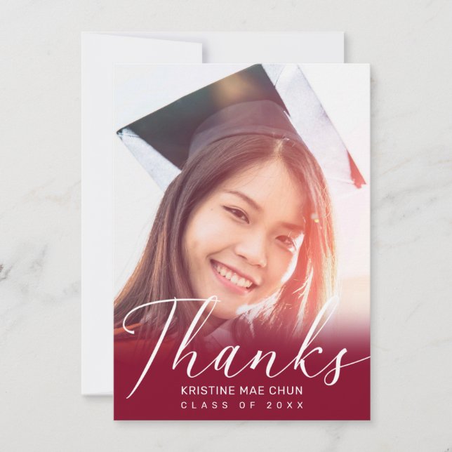 Modern Red White Script Photo Studenten Tack Kort (Framsida)