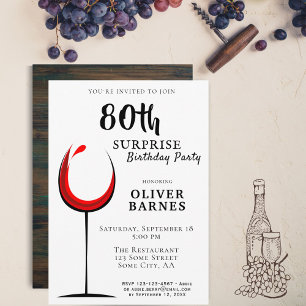 Modern Red Wine 80th Birthday Surprise Party Inbjudningar