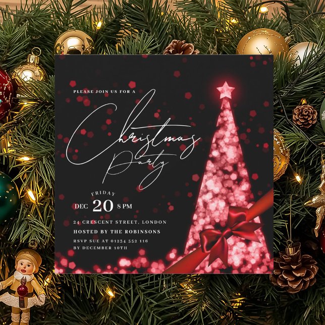 MODERN Red Winter Christmas Tree Bow Party  Inbjudningar (MODERN Red Winter Christmas Tree Bow Party Invitation)