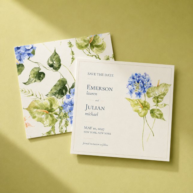Modern redaktionell Anthurium Hydrangea Bröllop Spara Datumet (Modern editorial Save the Date featuring sculptural anthuriums and striking blue hydrangeas.)