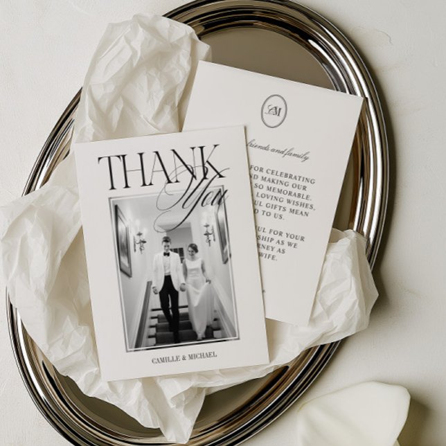 Modern redaktionell skript foto bröllop tack kort (Modern Editorial Script Photo Wedding Thank You Card)