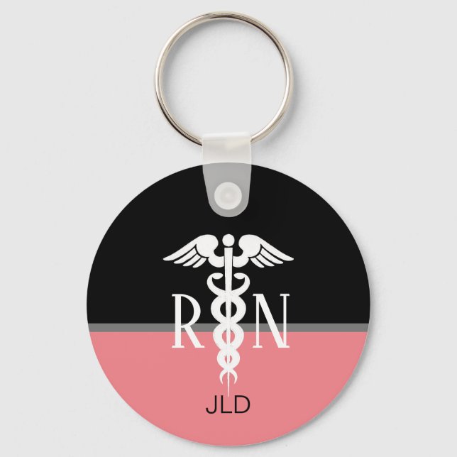 Modern registrerad Nurse Caduceus Rosa Monogram Nyckelring (Framsida)