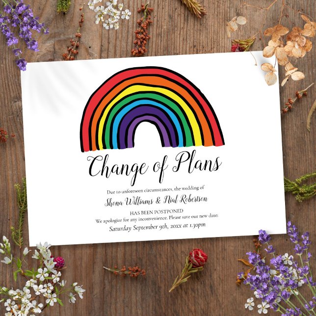 Modern Regnbåge Förändring Av Planerna Uppställd H Inbjudningar (Modern Rainbow Change of Plans Postponed Event Invitation)