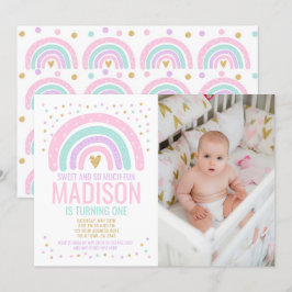 Modern regnbåge första födelsedag inbjudningar