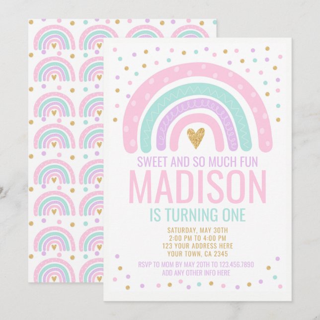 Modern regnbåge första födelsedag inbjudningar (Fram/baksida)