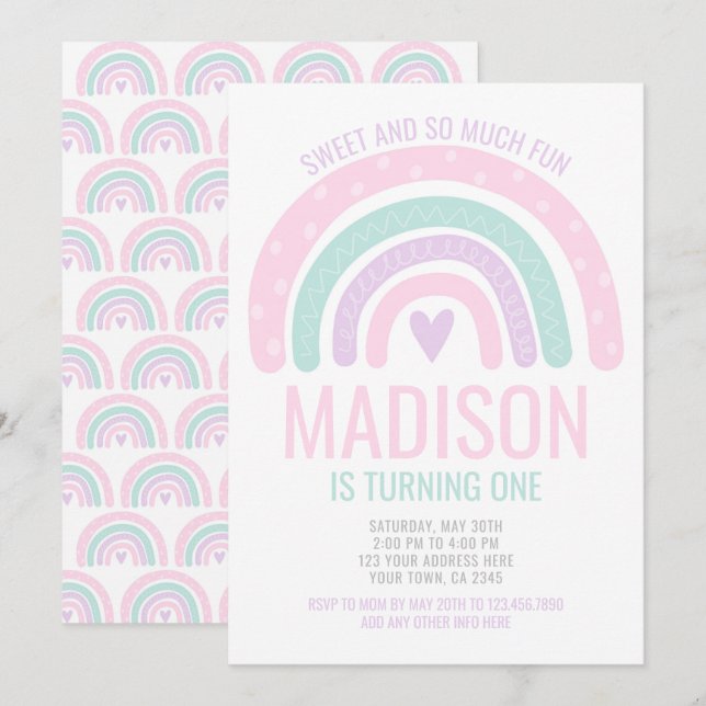 Modern regnbåge första födelsedag inbjudningar (Fram/baksida)