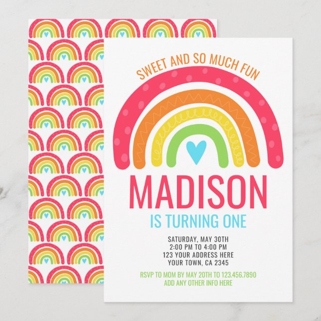 Modern regnbåge första födelsedag inbjudningar (Fram/baksida)