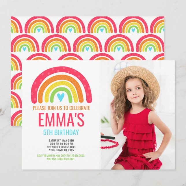 Modern regnbåge första födelsedag inbjudningar (Fram/baksida)