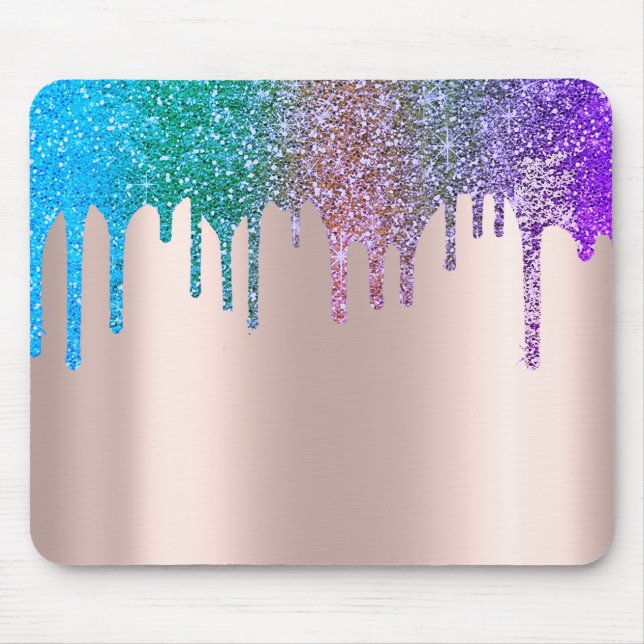 Modern regnbåge glitter droppar rose gold musmatta (Framsidan)