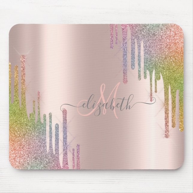 Modern Regnbåge Glitter Roséguld Monogram Musmatta (Framsidan)