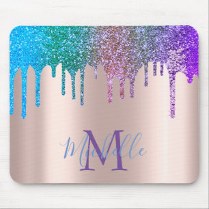 Modern Regnbåge Glitterdroppar Roséguld Monogram Musmatta