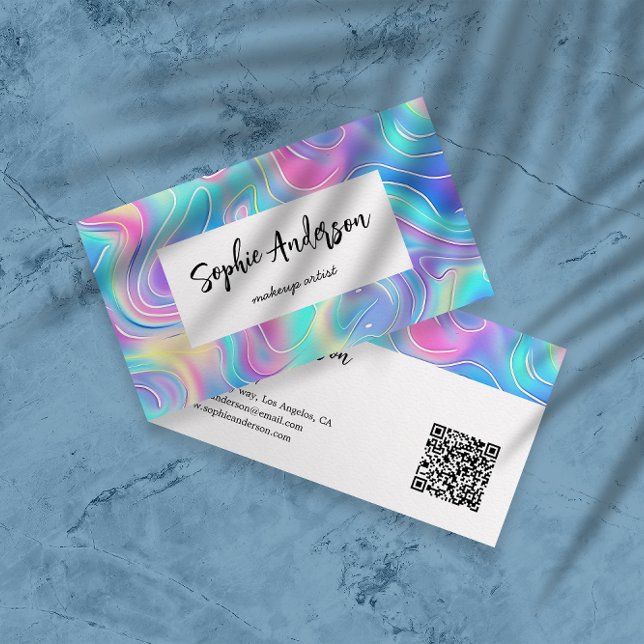 Modern regnbåge holografisk sminkartist & Qr-kod Visitkort (Skapare uppladdad)