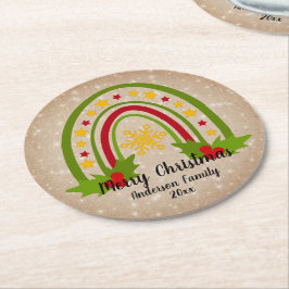 Modern regnbåge jul Holly 20xx-årstext Underlägg Papper Rund