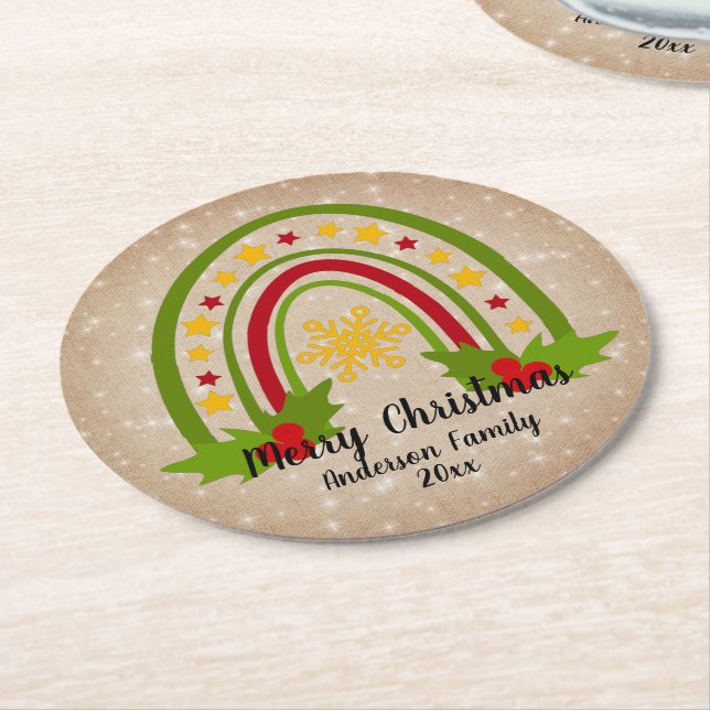 Modern regnbåge jul Holly 20xx-årstext Underlägg Papper Rund (Vinklad)