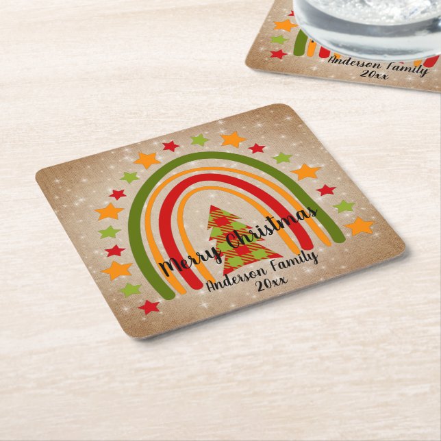 Modern regnbåge, julklapp Tartan Träd 20xx text Underlägg Papper Kvadrat (Vinklad)