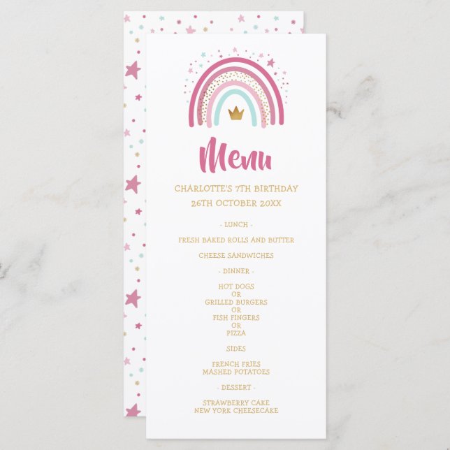 Modern regnbåge temat party födelsedag meny (Fram/baksida)