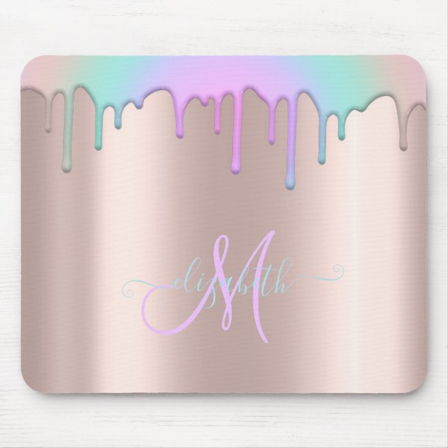 Modern regnbågsdroppande roséguld monogram musmatt musmatta (Framsidan)