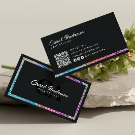 Modern regnbågsglitter & svart frisör QR-kod Visitkort
