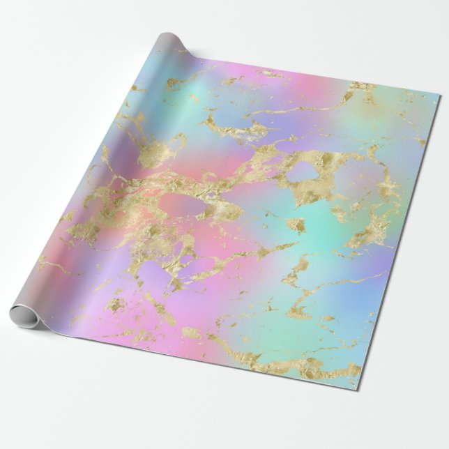 Modern regnbågsgradient och guldmarmormönster presentpapper (Utrullad)
