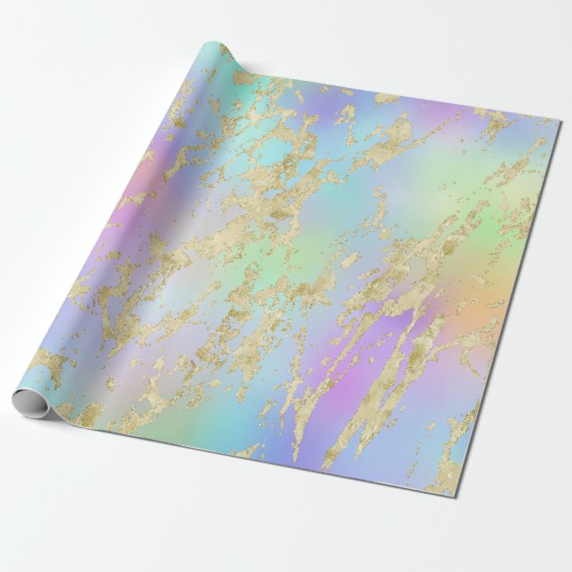 Modern regnbågsgradient och guldmarmormönster presentpapper (Utrullad)