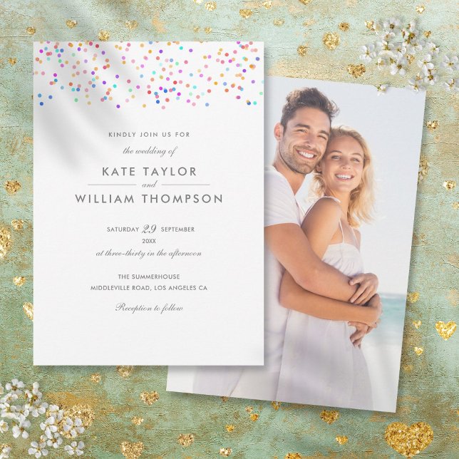 Modern regnbågskonfetti Foto Bröllop Inbjudningar (Modern Rainbow Confetti Photo Wedding Invitation)
