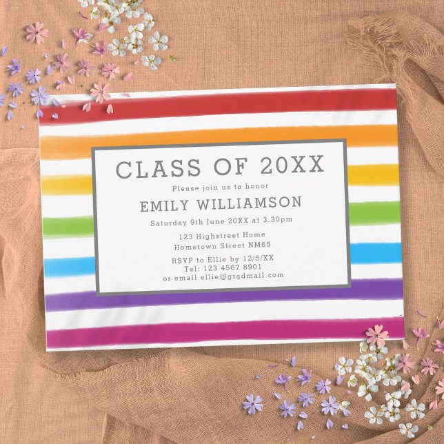Modern regnbågsrandig vattenfärgsexamen fest inbjudningar (Modern Rainbow Stripes Watercolor Graduation Party Invitation)