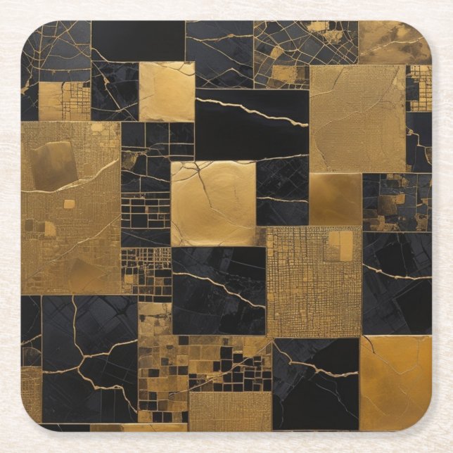 Modern rektangel i svart och Guld Underlägg Papper Kvadrat (Framsidan)
