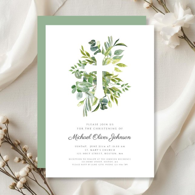 Modern Religiös Kors Grönska Dop Inbjudningar (Modern Religious Cross Greenery Christening Invitation)