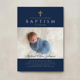 Modern religiös kors pojke dop foto i marinblå inbjudningar