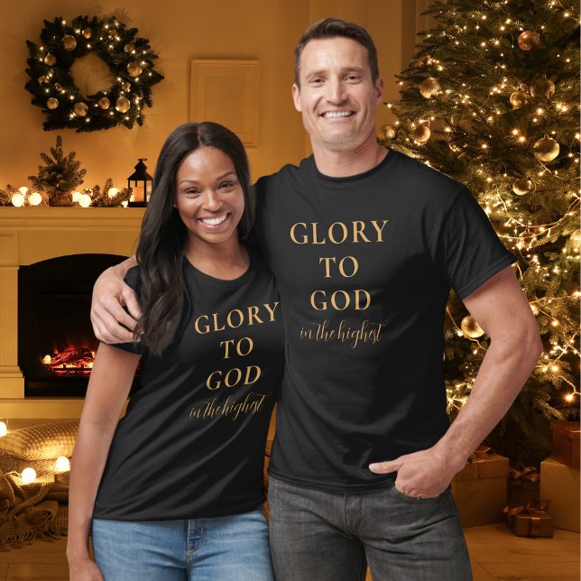 Modern Religiösa Christian Faith Based Guld Black T Shirt (Modern, religious t-shirt with Glory to God in the Highest Bible verse in gold & black.)