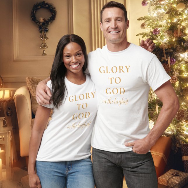 Modern Religiösa Christian Faith Baserad Guld Whit T Shirt (Modern, faith-based, Christian t-shirt with Glory to God Bible verse in gold and white.)