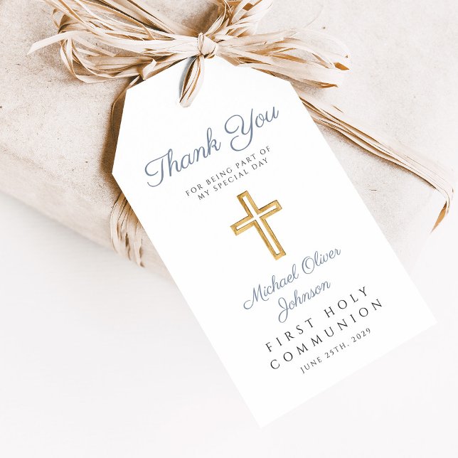 Modern Religiösa Kor Boy Blue First Communion Presentetikett (Religious Cross Boy Blue First Communion Gift Tags)