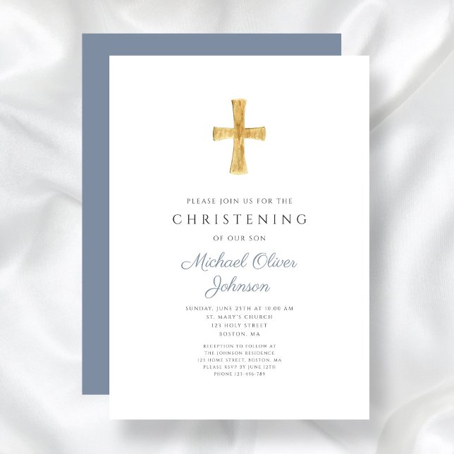Modern Religiösa Kor Dusty Blue Christening Inbjudningar (Modern Religious Cross Dusty Blue Christening Invitation)