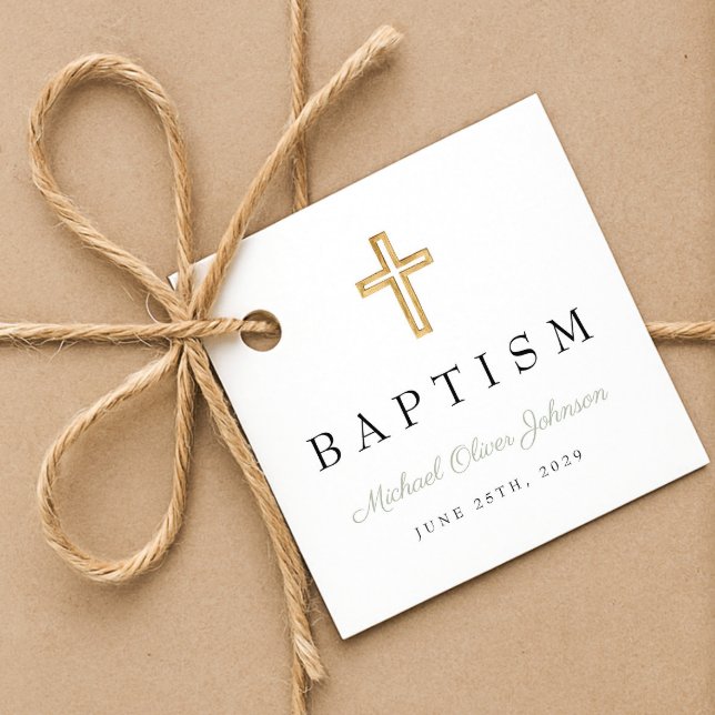 Modern Religiösa Kor Sage Grönt-skriptformat Bapti Gåvor Etiketter (Modern Religious Cross Sage Green Script Baptism Favor Tags)