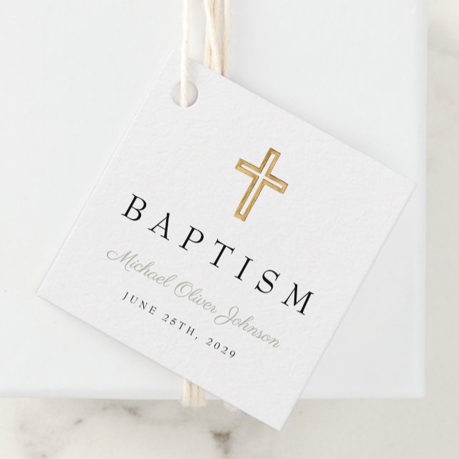 Modern Religiösa Kor Sage Grönt-skriptformat Bapti Gåvor Etiketter (Modern Religious Cross Sage Green Script Baptism Favor Tags)