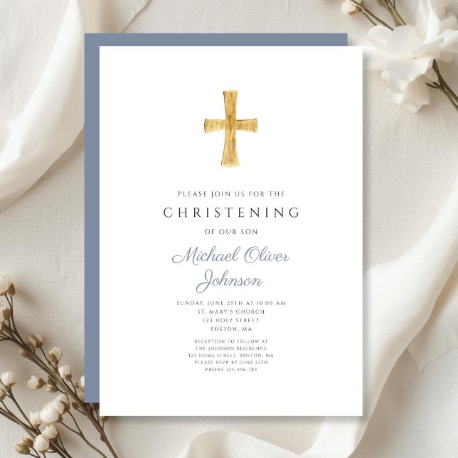 Modern Religiöst Kors Dammigt Blått Dop Inbjudningar (Modern Religious Cross Dusty Blue Christening Invitation)