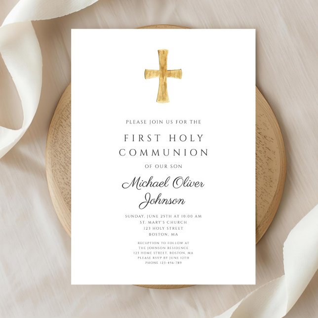 Modern Religiöst Kors Första Nattvarden Inbjudningar (Modern Religious Cross First Holy Communion Invitation)