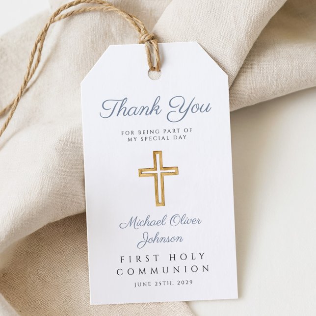 Modern Religiöst Kors Pojke Blå Första Kommunion Presentetikett (Religious Cross Boy Blue First Communion Gift Tags)