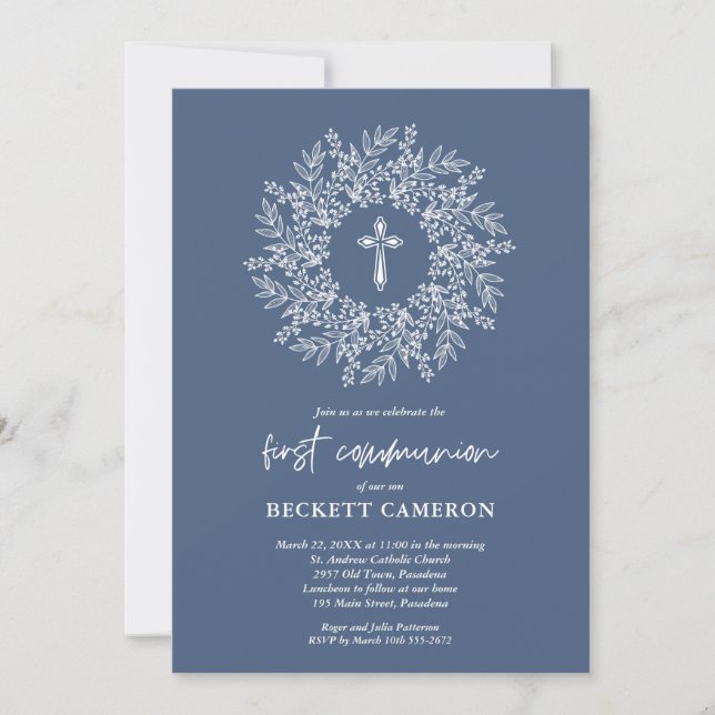 Modern Religious Blue Cross First Communion Inbjudningar (Framsida)