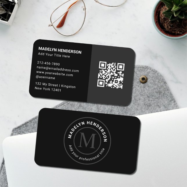 Modern Ren Enkel Svart Stämpel Monogram QR-kod Visitkort (Skapare uppladdad)