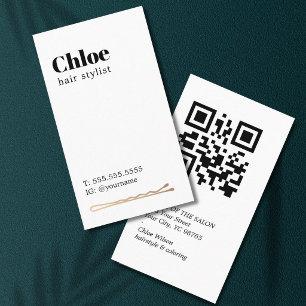 Modern ren svart vit gyllene hårnål salong QR Visitkort