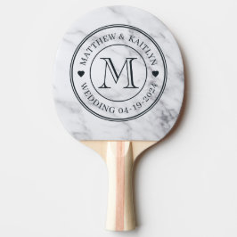 Modern Ren Vit Marmor Bröllopsmonogram Hjärtan Pingisracket