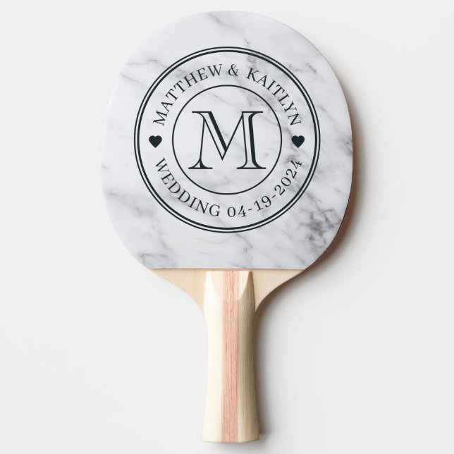 Modern Ren Vit Marmor Bröllopsmonogram Hjärtan Pingisracket (Framsidan)
