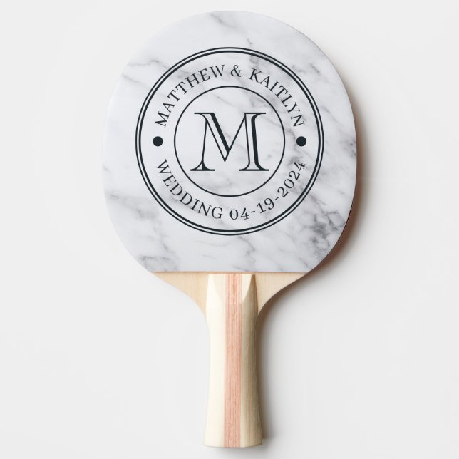 Modern Ren Vit Marmor Bröllopsmonogram Pingisracket (Framsidan)