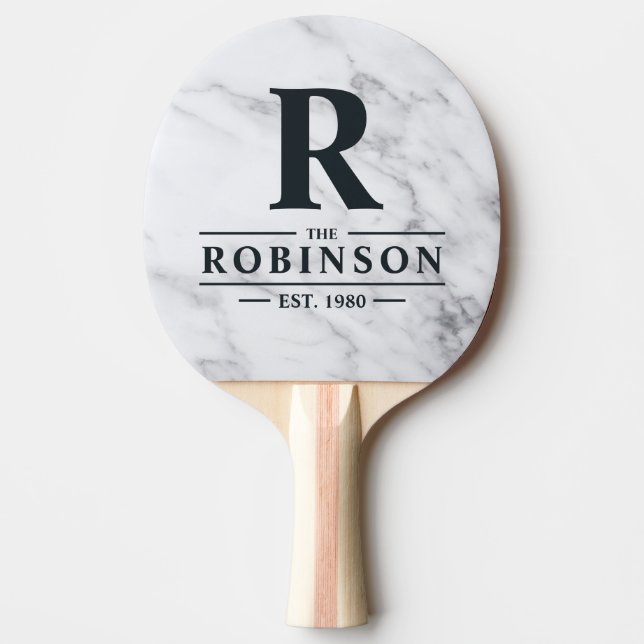 Modern Ren Vit Marmor Familjenamn & Initialer Pingisracket (Framsidan)
