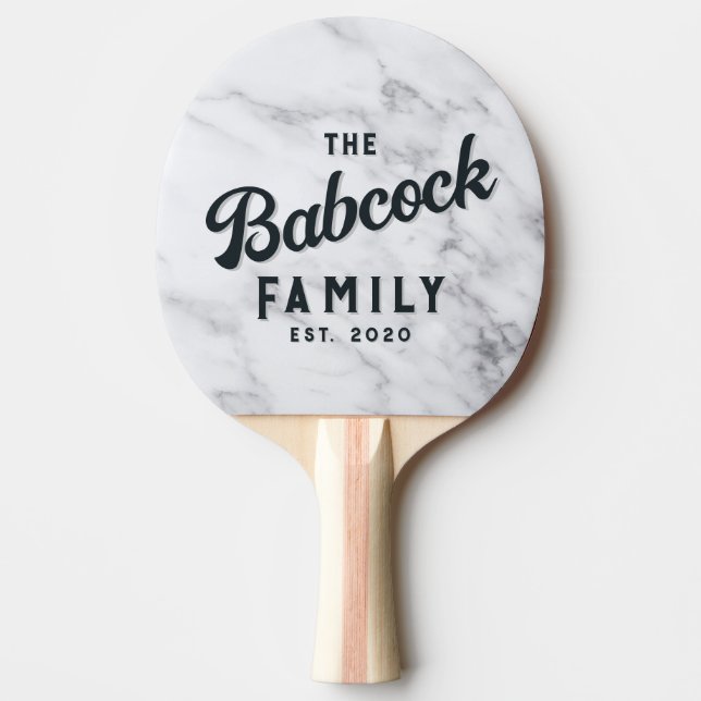 Modern Ren Vit Marmor Stenskrift Retro Familjenamn Pingisracket (Framsidan)